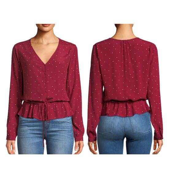 Rails Women's Beaux Rouge Offset Dot Long Sleeve  Peplum Top Size Medium - Picture 1 of 9